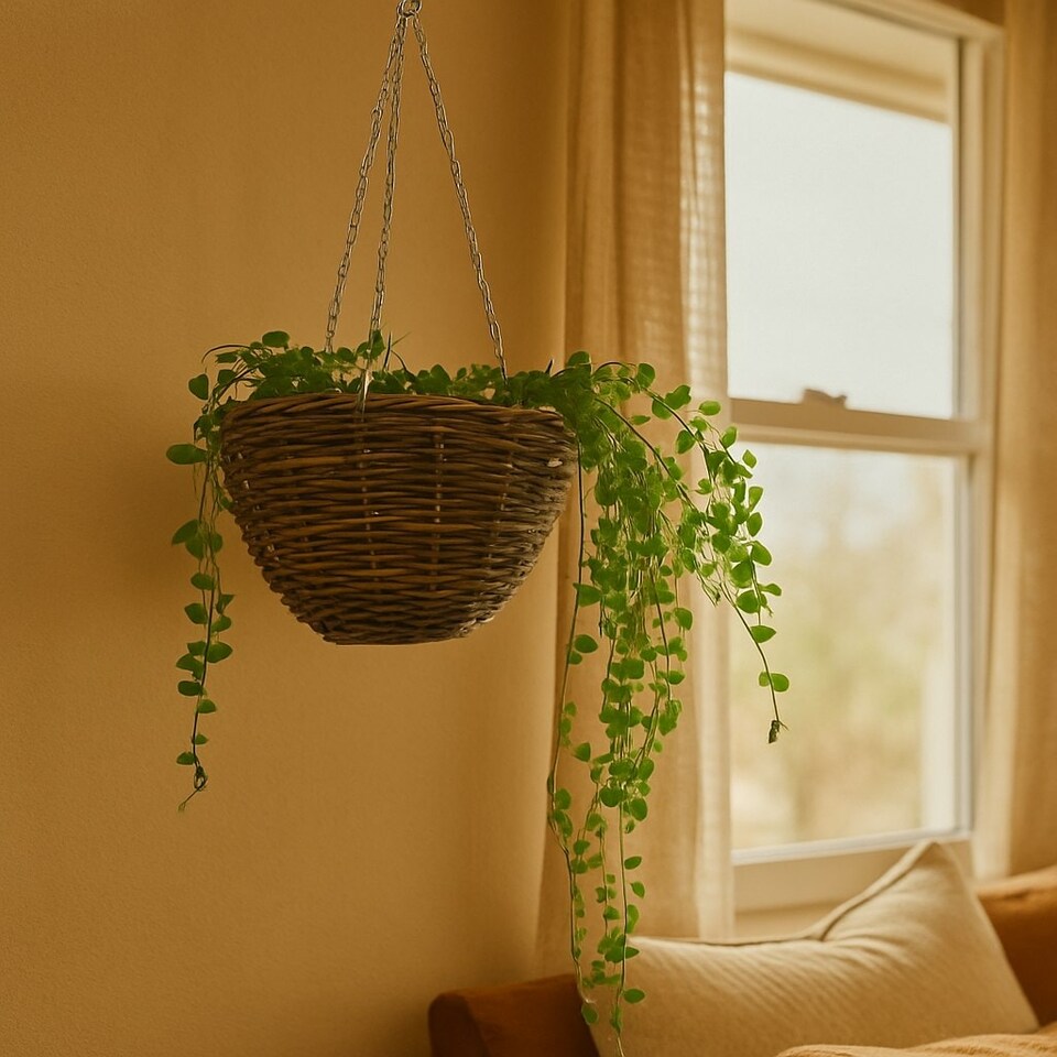 image 1 of Green Blade Rattan Hanging Basket - 30cm - Planter Flower Pot Plant Pot Hanger | Brown | Brown