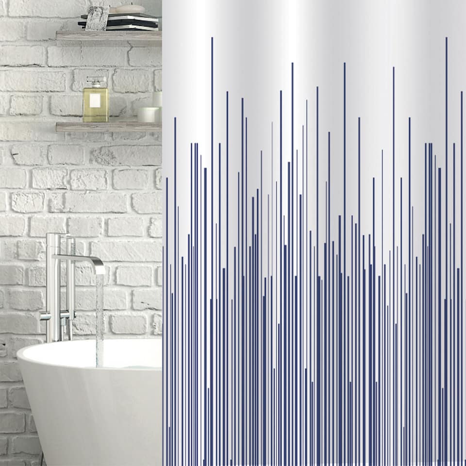 image 1 of Showerdrape City White & Navy Shower Curtain | Grey | Navy | 1