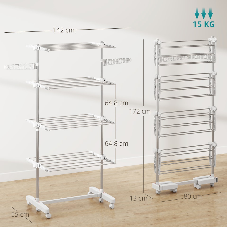 image 1 of HOMCOM 4-Tier Large Clothes Airer Stainless Steel Clothes Drying Rack White