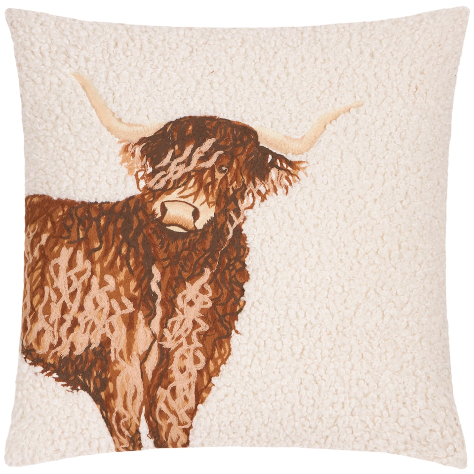 image 1 of Evans Lichfield Boucle Highland Cow Embroidered Cushion