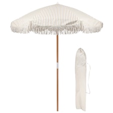 Harbour Housewares Wooden Garden Parasol with Tassel Fringe - 1.4M - Beige Stripe | Cream | Beige Stripe