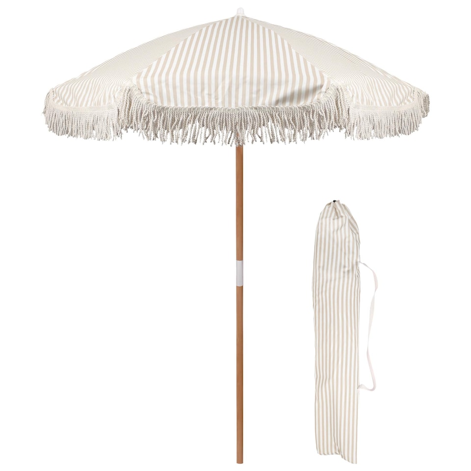 image 1 of Harbour Housewares Wooden Garden Parasol with Tassel Fringe - 1.4M - Beige Stripe | Cream | Beige Stripe