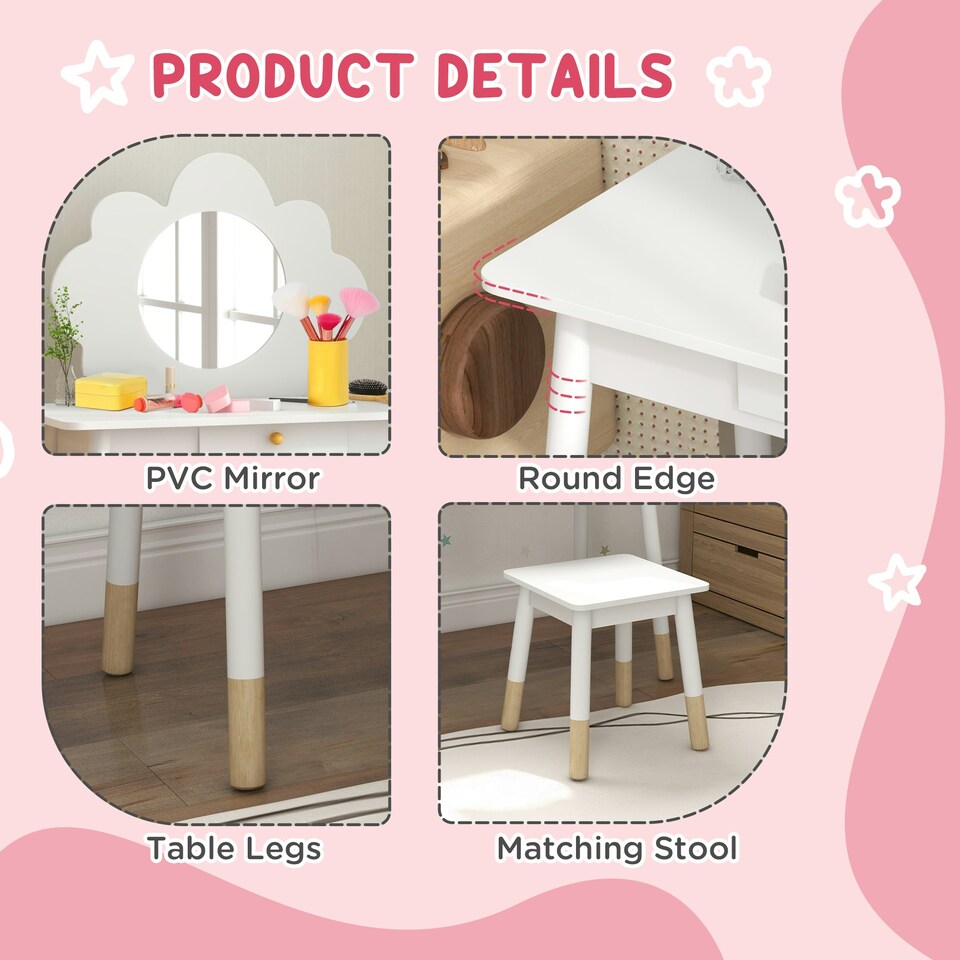 image 1 of AIYAPLAY Kids Dressing Table with Mirror, Stool, Drawer, Cloud Design, White | White