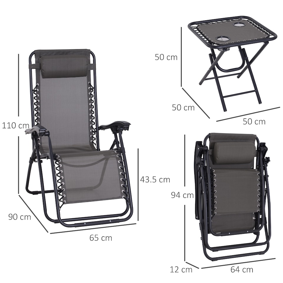 image 1 of Outsunny Folding Zero Gravity Chairs, 3 Pieces Adjustable Sun Lounger and Table Set with Cup Holder and Headrest, Patio Bistro Set with Reclining Garden Chairs for Outdoor, Dark Grey