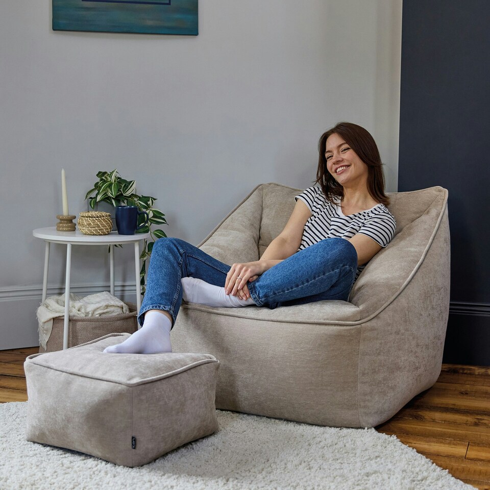 image 1 of icon Natalia Chenille Adults Bean Bag Armchair and Pouffe, Ready Filled Large Beanbag and Footstool Natural Beige Cream