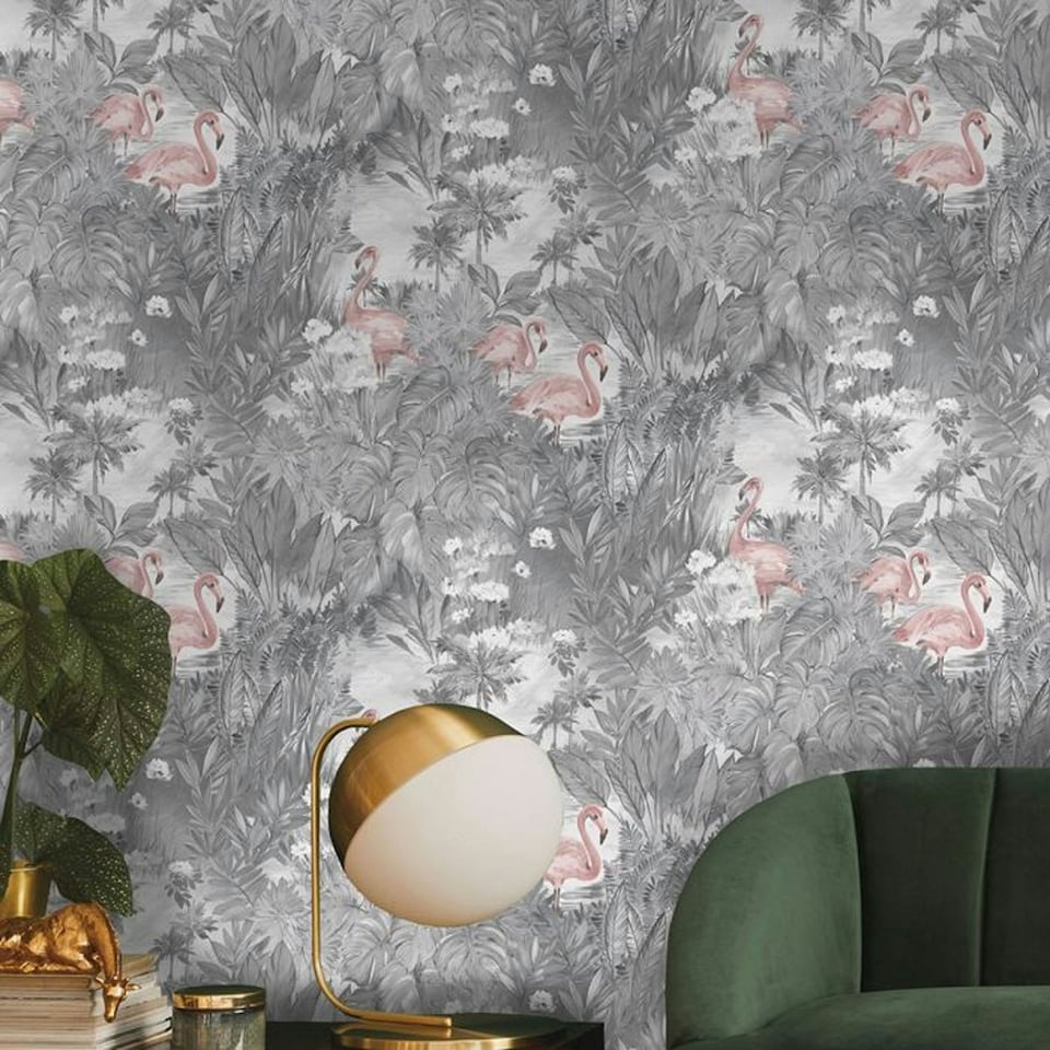 image 1 of Holden Décor Amazonia Sarasota Wallpaper - Grey/Pink - 10m x 53cm Grey