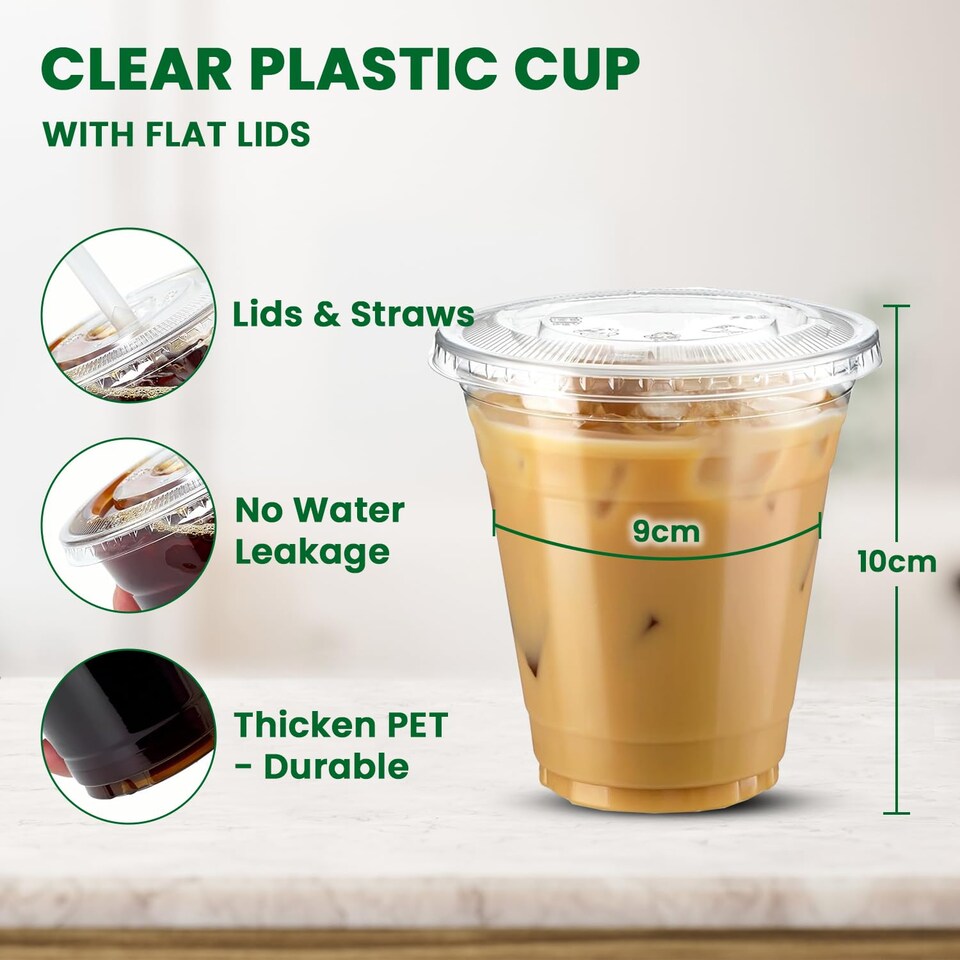 image 1 of ECONX 100 X Smoothie Cups with Flat Lids 12oz Clear Plastic Cups Reusable for Smoothies, Juice, Milkshakes