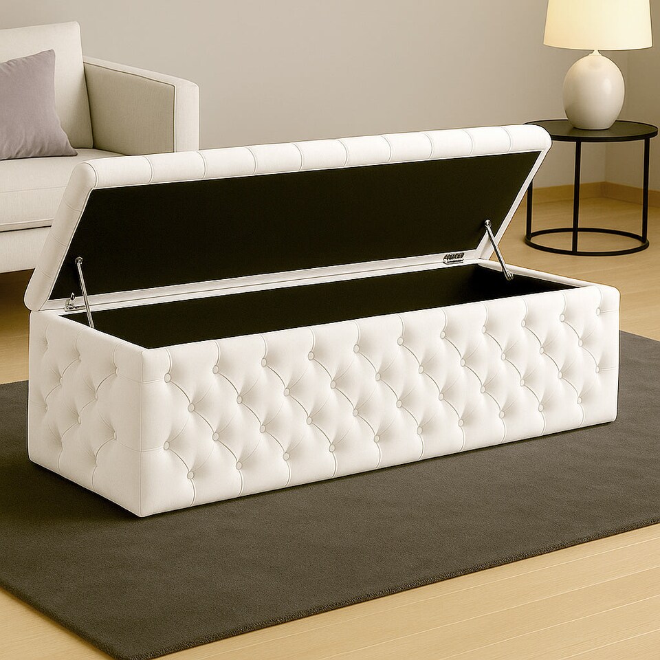 image 1 of 120cm Wide Lux Ottoman Storage Box, White Velvet Upholstered Chesterfield Storage Ottoman Box