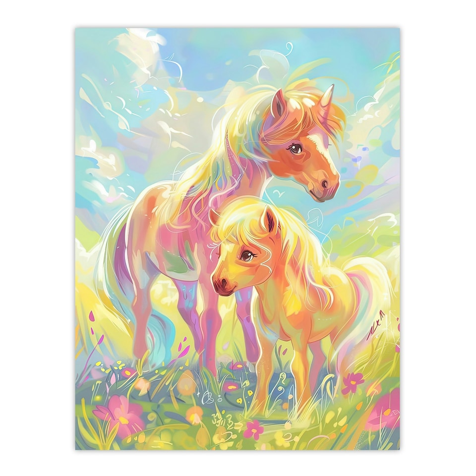 image 1 of Rainbow Ponies in Flower Meadow Cartoon Kids Black Framed Wall Art Print A4