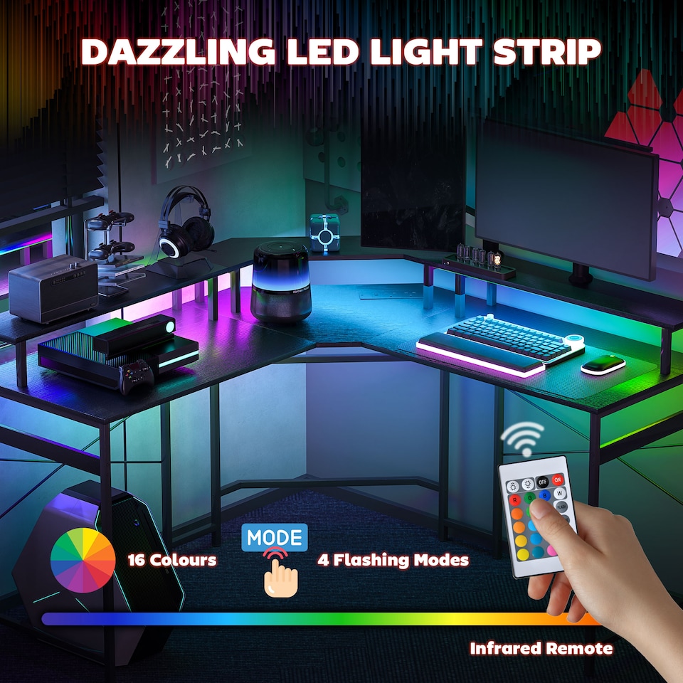 image 1 of HOMCOM L Shaped Desk with Power Outlets and LED Lights, Corner Computer Desk with Monitor Stand, Gaming Desk for Home Office, Black | Black