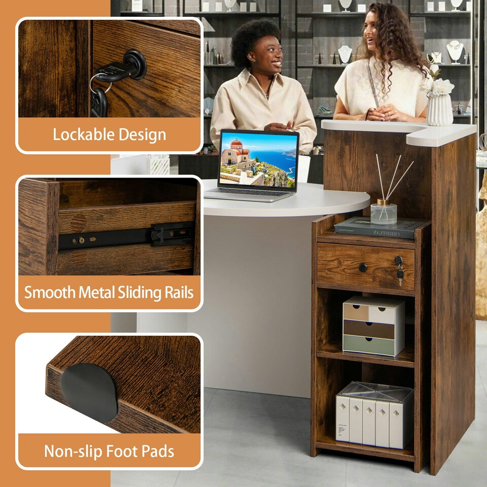 image 1 of COSTWAY Reception Desk with Lockable Drawer White White
