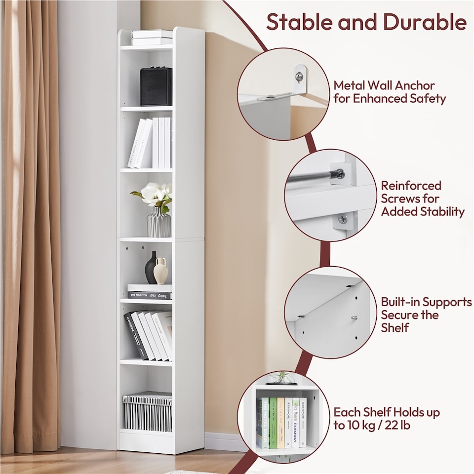 image 1 of Yaheetech 7-layer Narrow Bookshelf with Top Open Compartment | White | One Size
