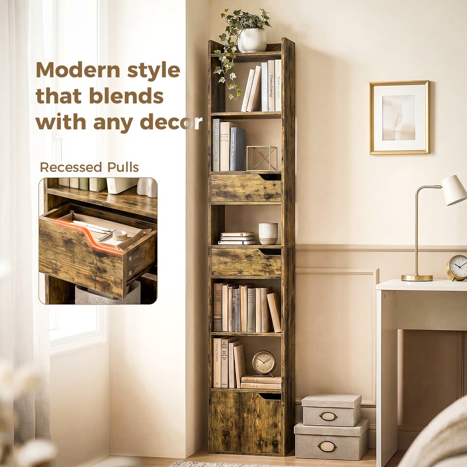 image 1 of HOMCOM Bookcase Tall Narrow with 5 Tiers Drawers