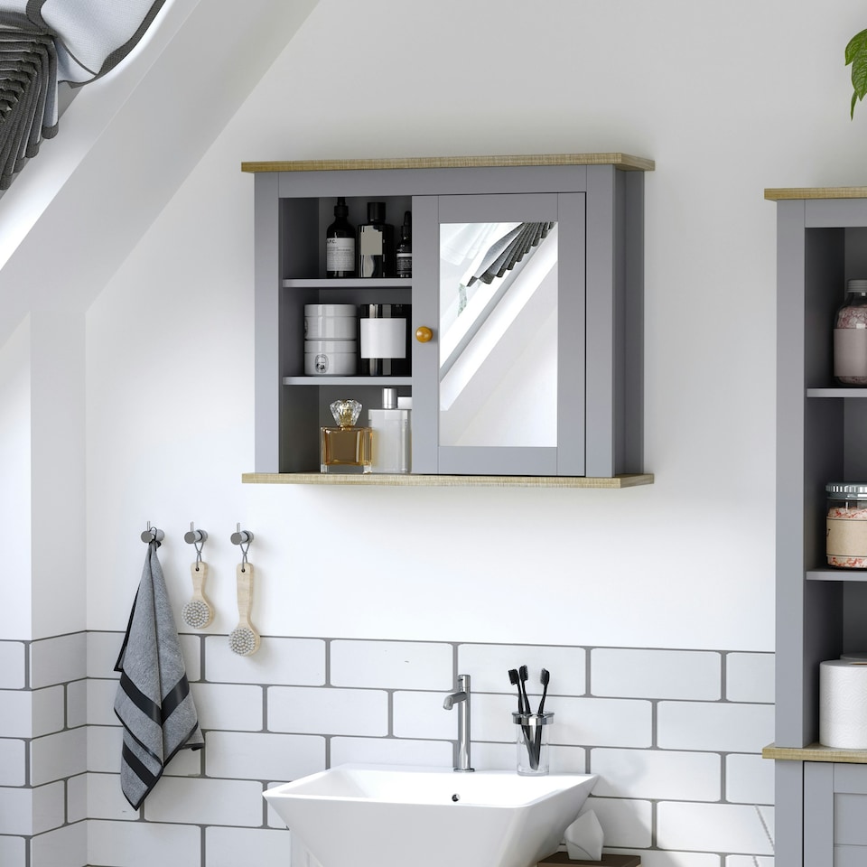 image 1 of kleankin Bathroom Mirror Cabinet Storage Organizer with Open Inside Shelves