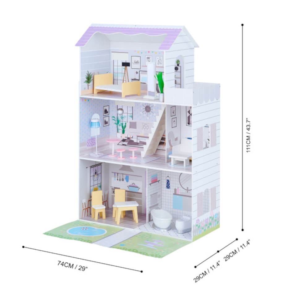 image 1 of Teamson Kids Wooden Grand 3 Storey Doll House for 12" Dolls, Dollhouse