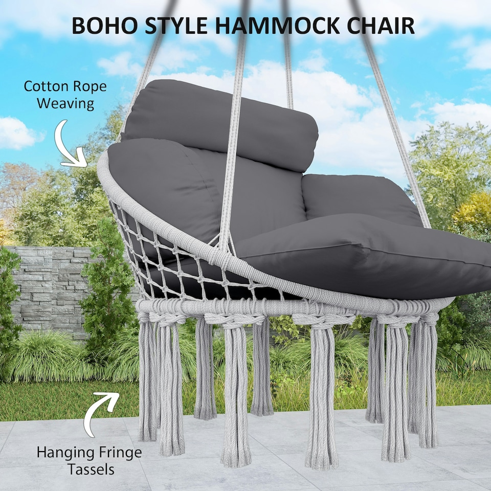 image 1 of Outsunny Hammock Chair, Boho Hanging Swing Chair with Cushion, Dark Grey 