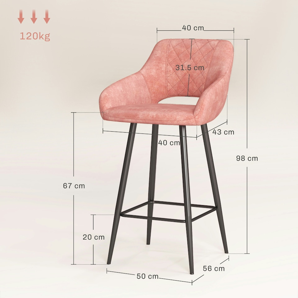 image 1 of HOMCOM Bar Stools Set of 2, Velvet-Touch Fabric Counter Height Bar Chairs Pink