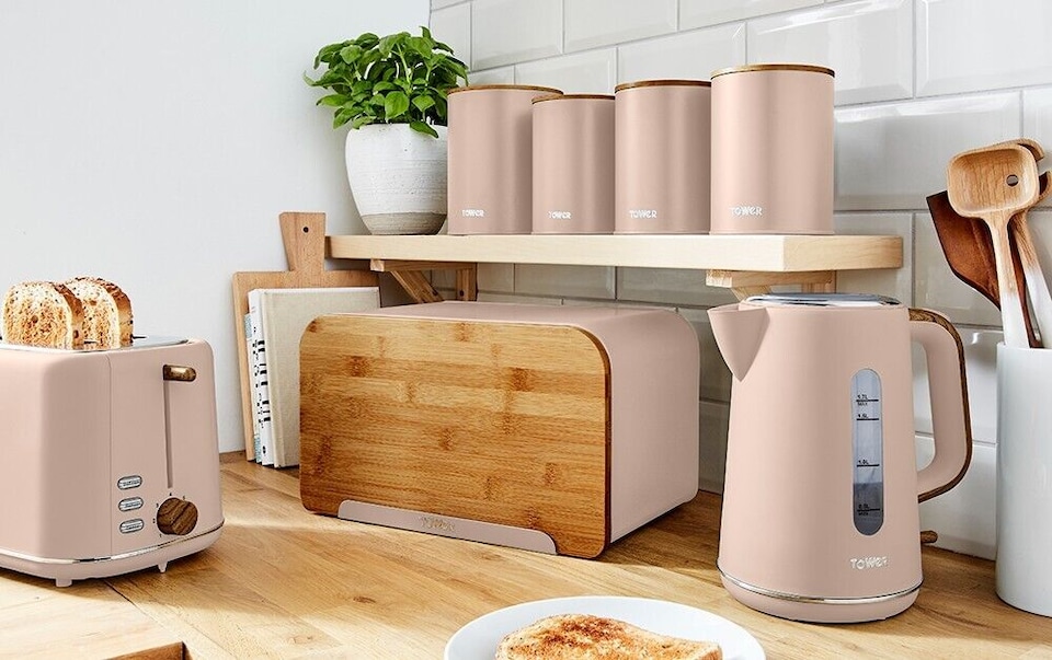 image 1 of Tower Scandi Pink Clay Storage Set Bread Bin 3 Canisters & Biscuit Barrel