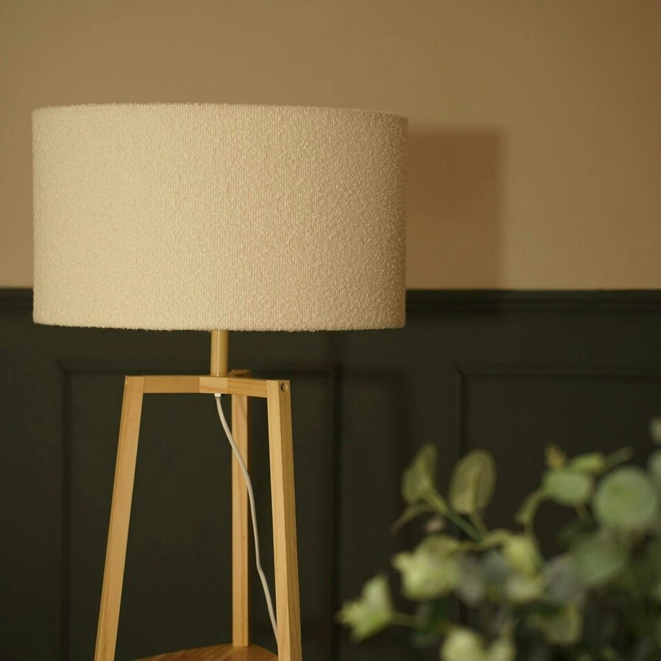 image 1 of ValueLights Hiru Wooden 3 Tier Shelf Floor Lamp Cream Shade & Bulb Cream
