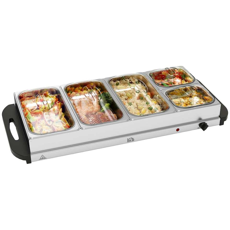image 1 of HOMCOM Electric Food Warmer 5 Tray, 9.2L Buffet Server with Lids, Silver | Silver