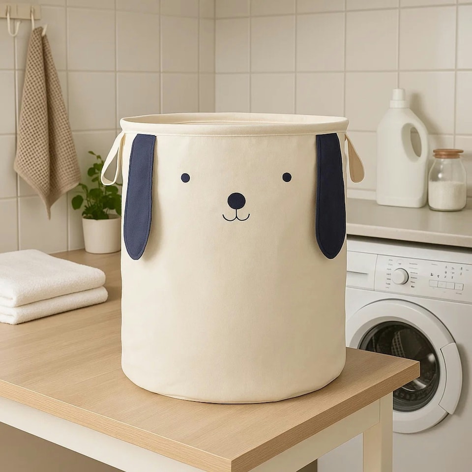 Interiors by Premier Dog Face Laundry Bag, Fun And Functional Fabric Hamper With Drawstring Closure And Handles, Lightweight, White