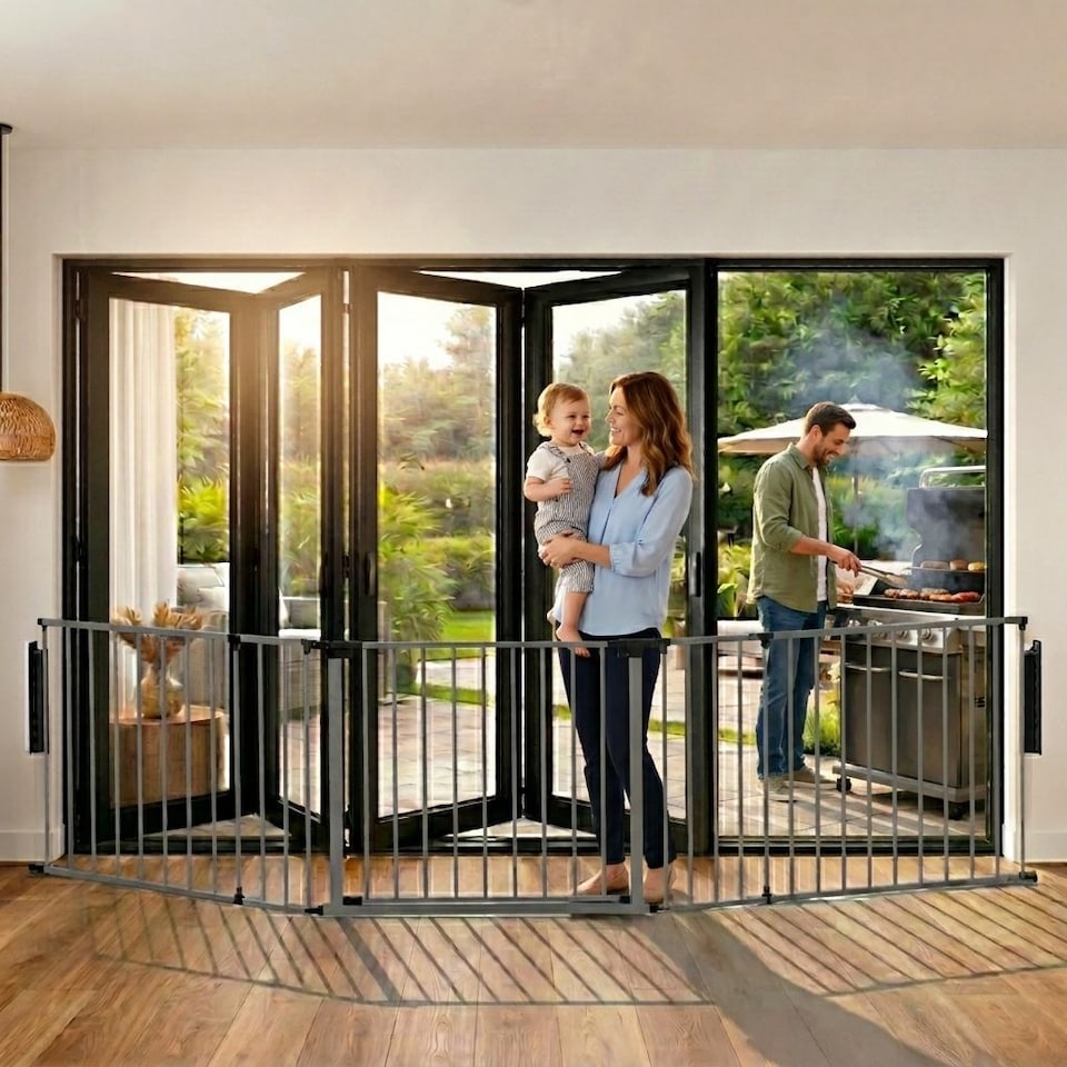 image 1 of Safetots Premium Multi Panel Room Divider, up to 148cm Wide, Grey, 70cm Tall, Flexible Barrier with Door for Baby and Toddler | Grey