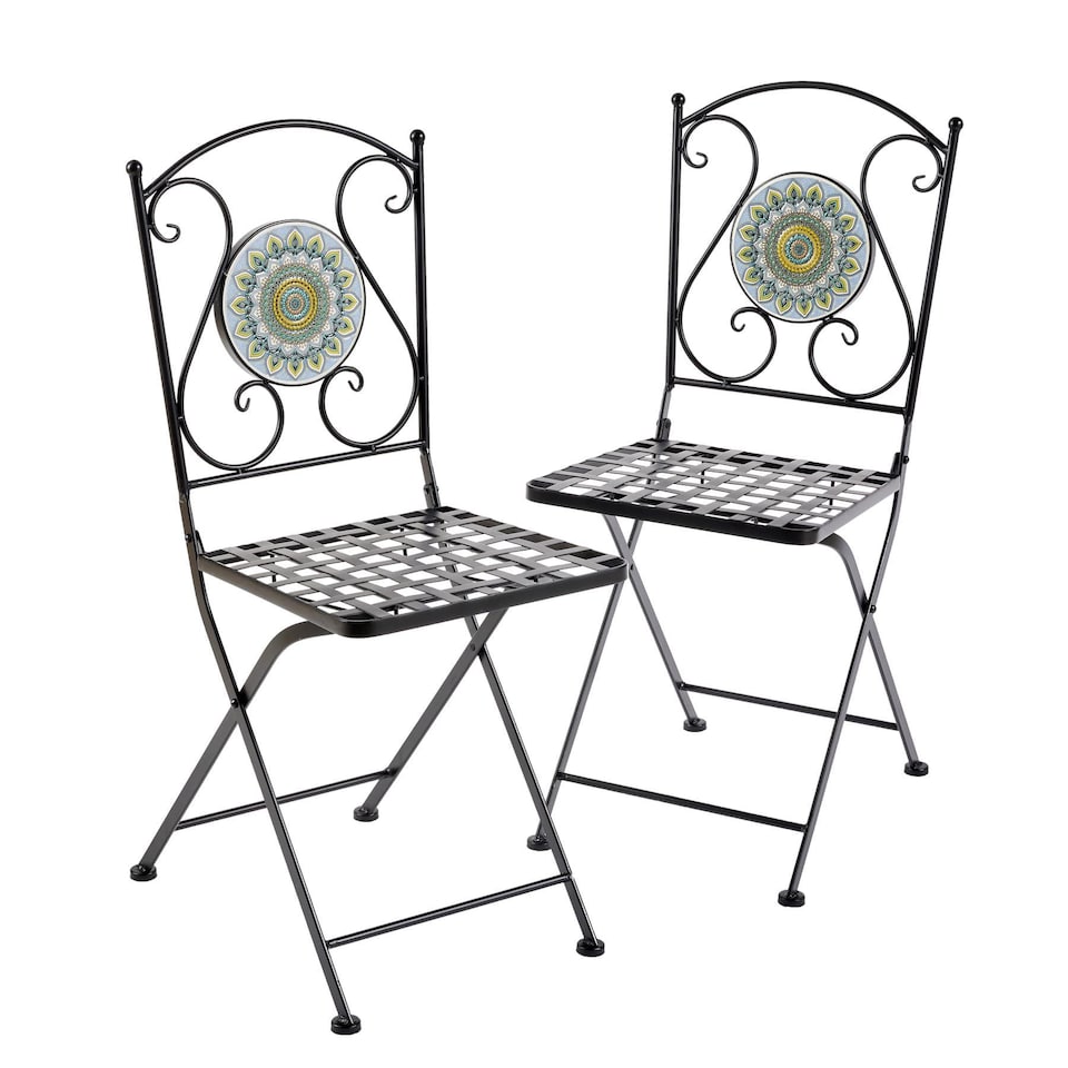 image 1 of Bistro Table Set Blue Floral Mosaic Design 2 Chairs Outdoor Garden Furniture