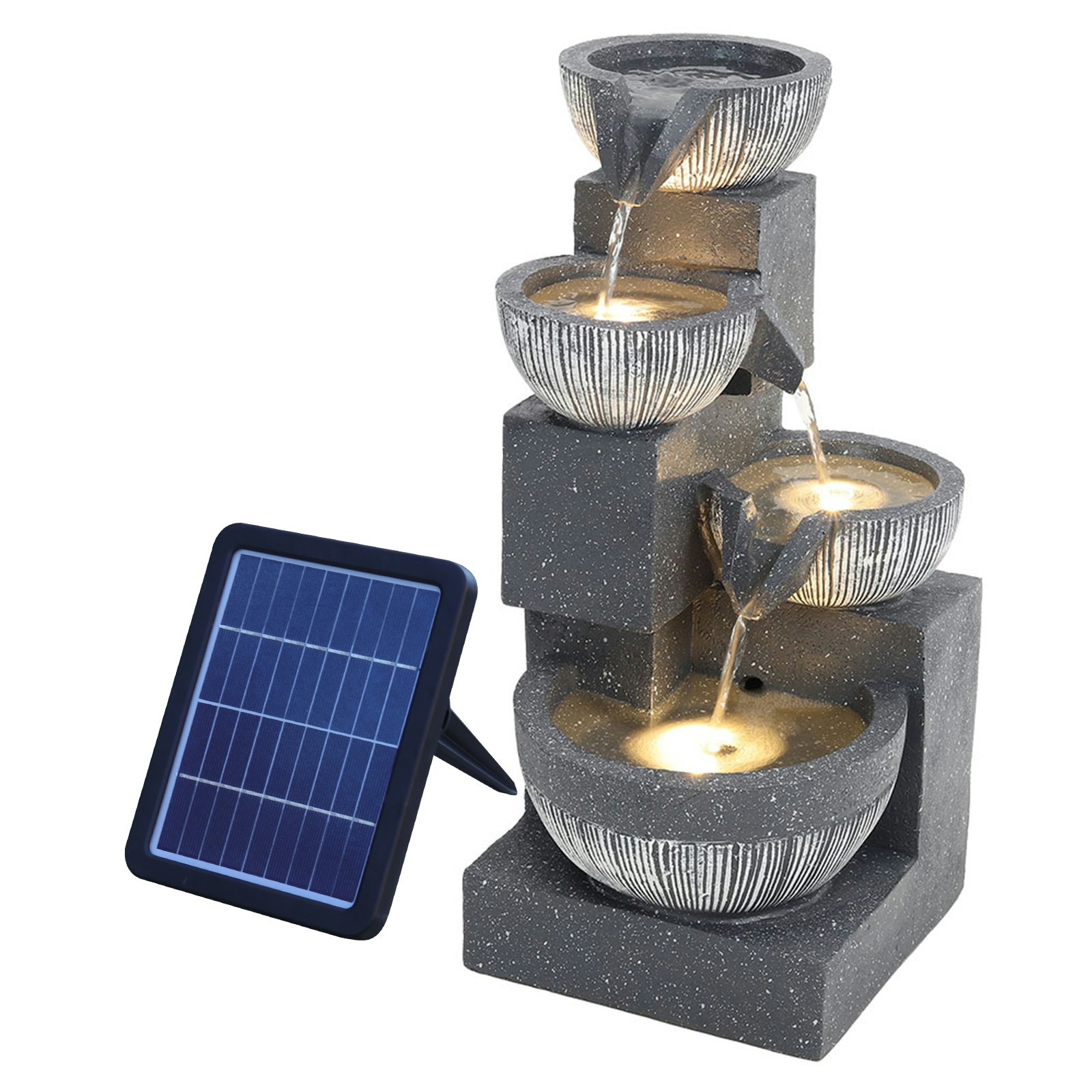 Living and Home Solar Water Fountain Rockery 4-Tier Bowls with LED Light | Grey
