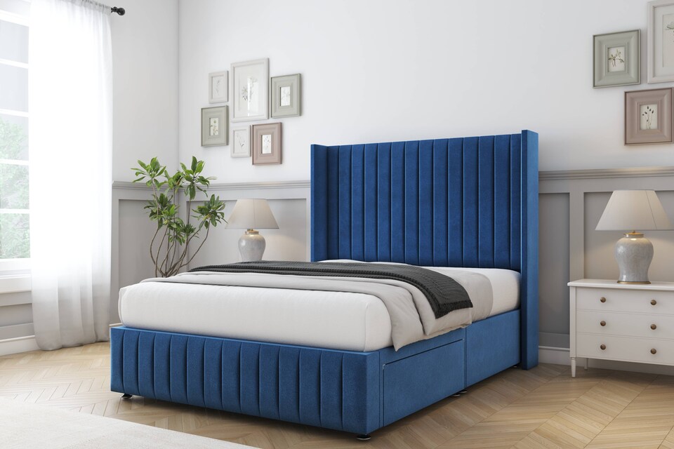 image 1 of Sloomy Marlborough Navy Plush Divan Bed Base No Drawers With 54 Inch Wingback Headboard & 12 Inch Matching Footboard | Blue | Navy | Small Double | 1