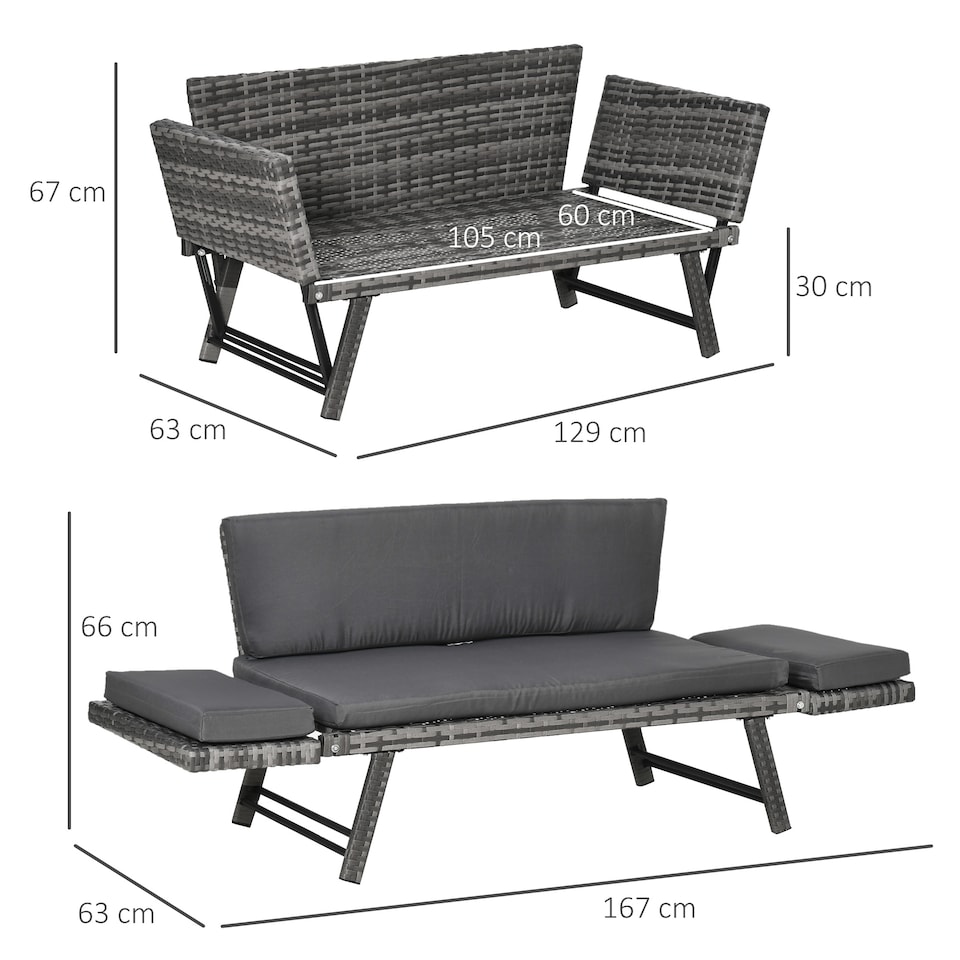 image 1 of Outsunny 2 in 1Rattan Folding Chaise Lounger w/ Cushion for Garden Mixed Grey