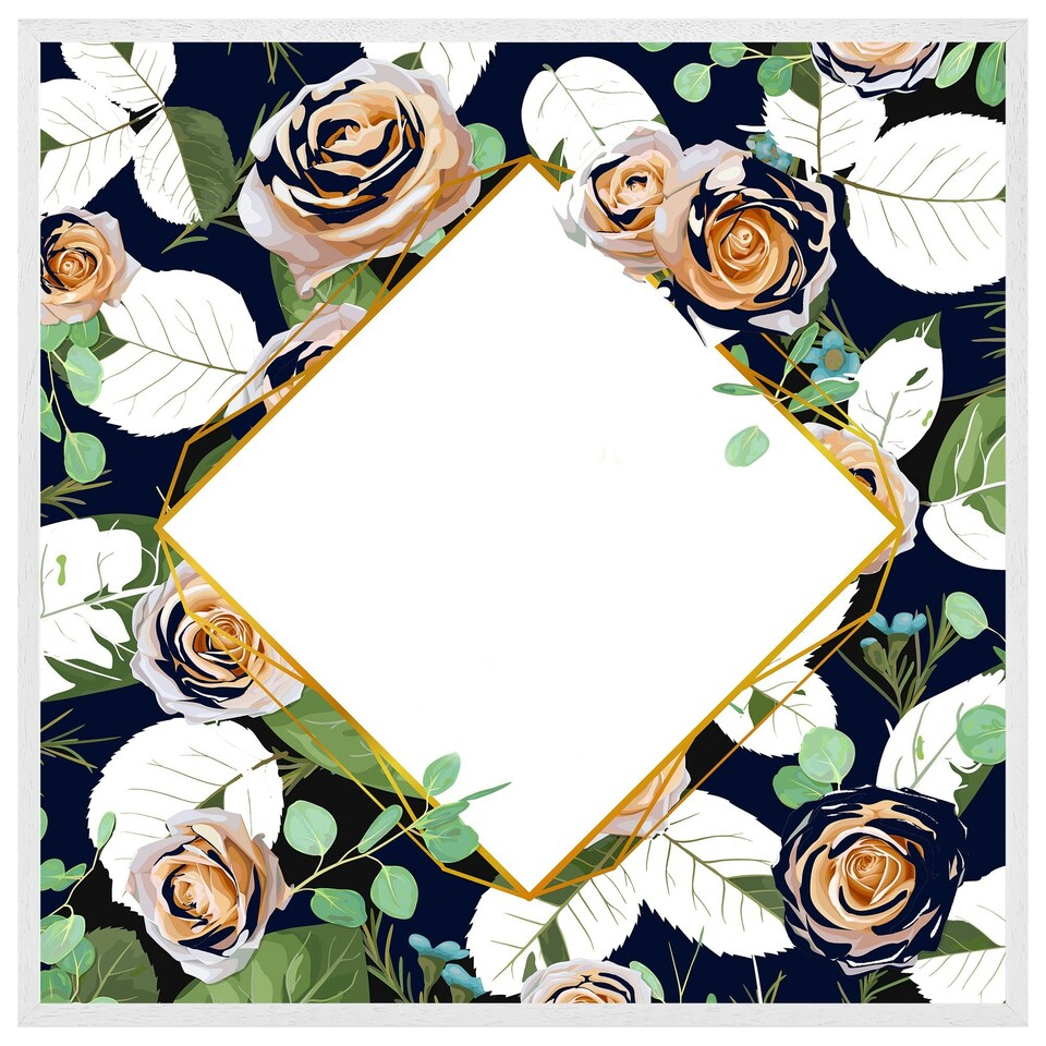 image 1 of Decorative flowers on navy background (Picture Frame) White | XL