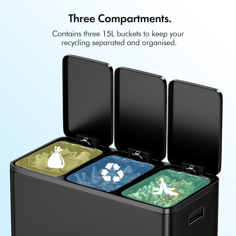 image 1 of 3 Compartment 45L Waste & Recycling Kitchen Bin (3 x 15L) | Black | Black | 45L