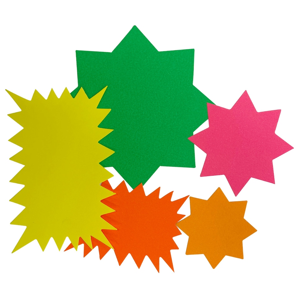 image 1 of Pack of 50 Assorted Coloured Neon Fluorescent Stars & Flashes in Assorted Size