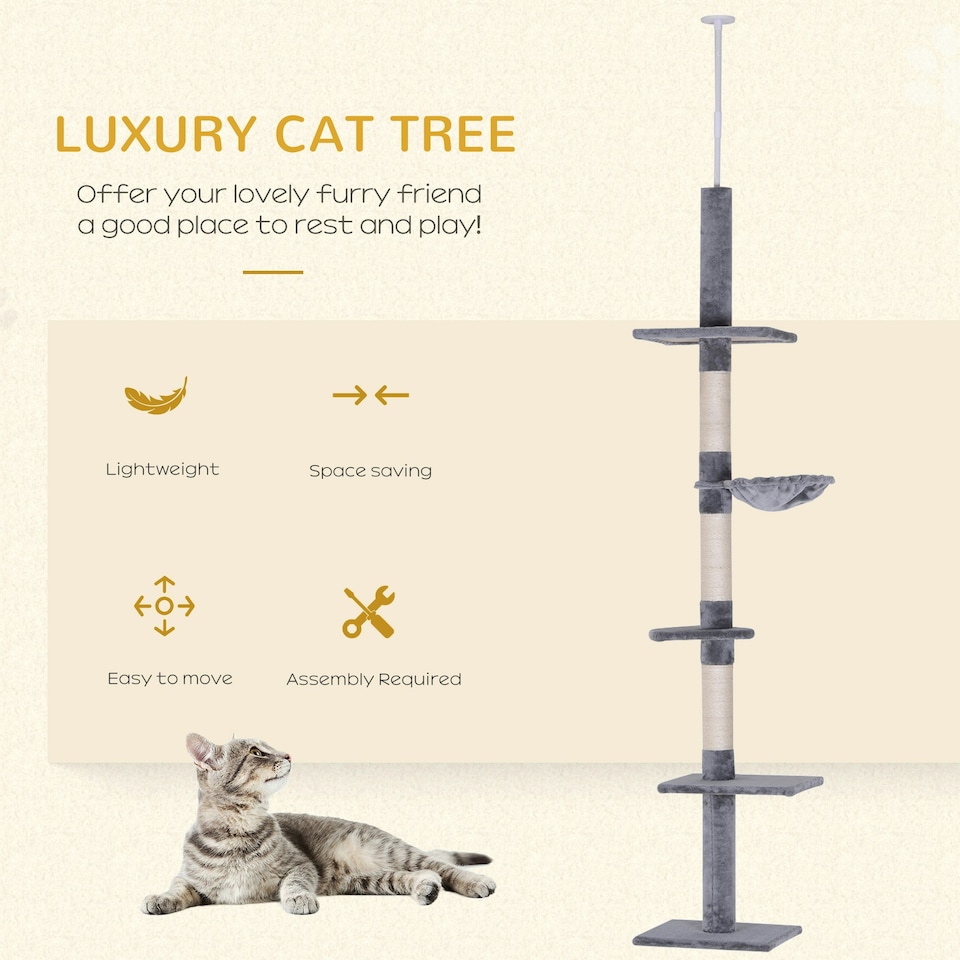 image 1 of PawHut Floor to Ceiling Cat Tree 5-Tier Climbing Tower Scratching Post Grey