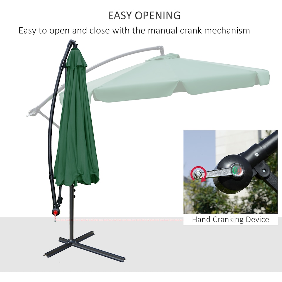 image 1 of Outsunny 2.7m Garden Banana Parasol Cantilever Umbrella with Crank Handle and Cross Base for Outdoor, Hanging Sun Shade, Green