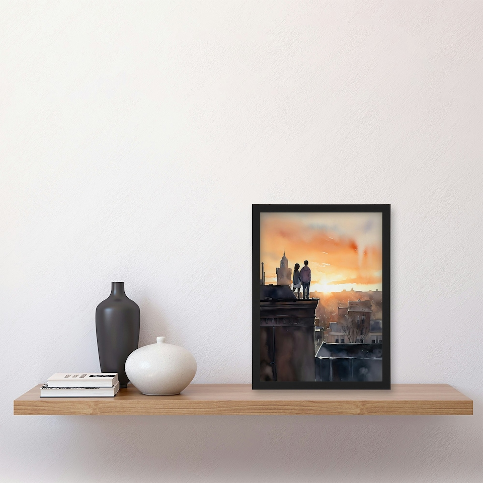 image 1 of Rooftop Romance Watercolour Orange Couple Black Framed Wall Art Print A4