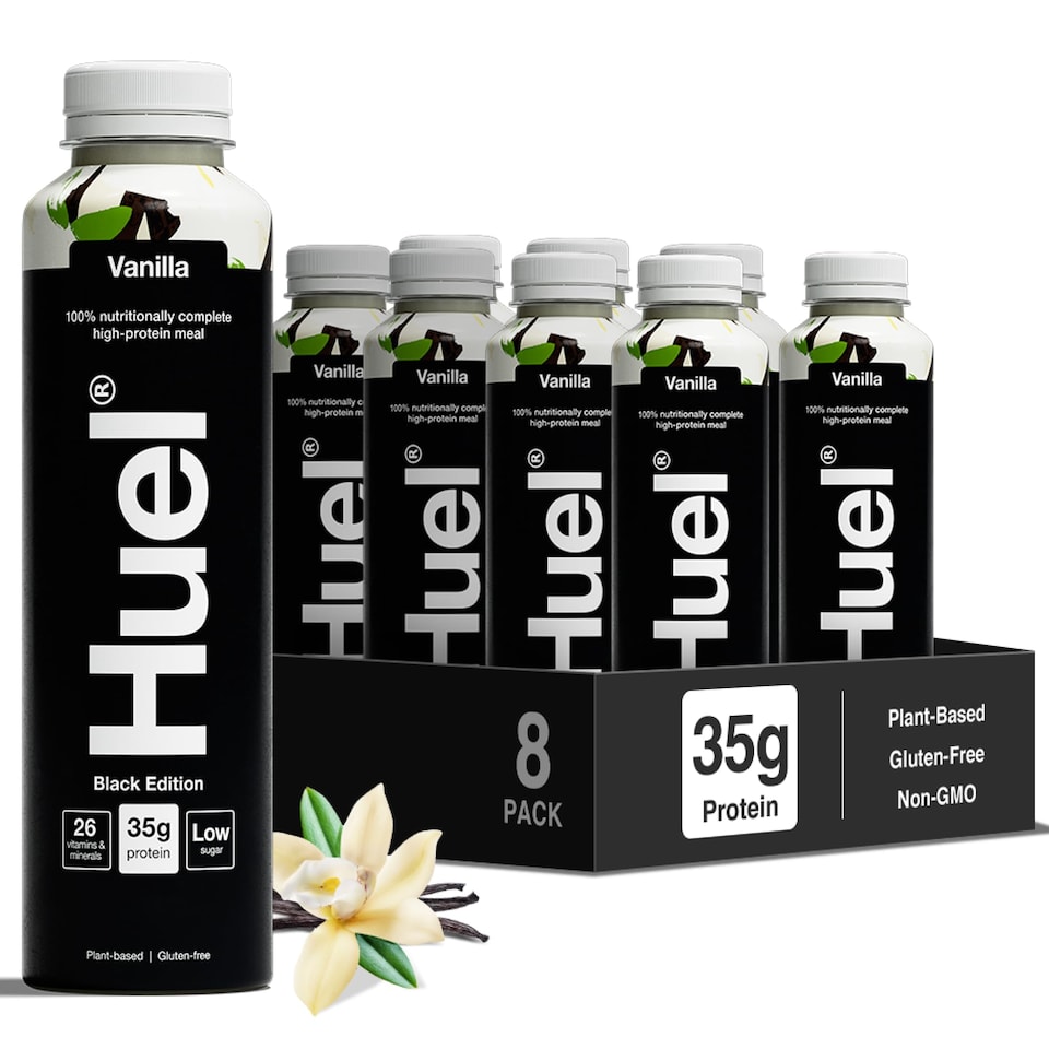 image 1 of Huel Ready-to-Drink Meal, BLACK EDITION Vanilla Protein Drink, 500ml Bottles (Pack of 8) - Protein Shakes, Pre-Portioned Meal, 35g of Protein per Bottle