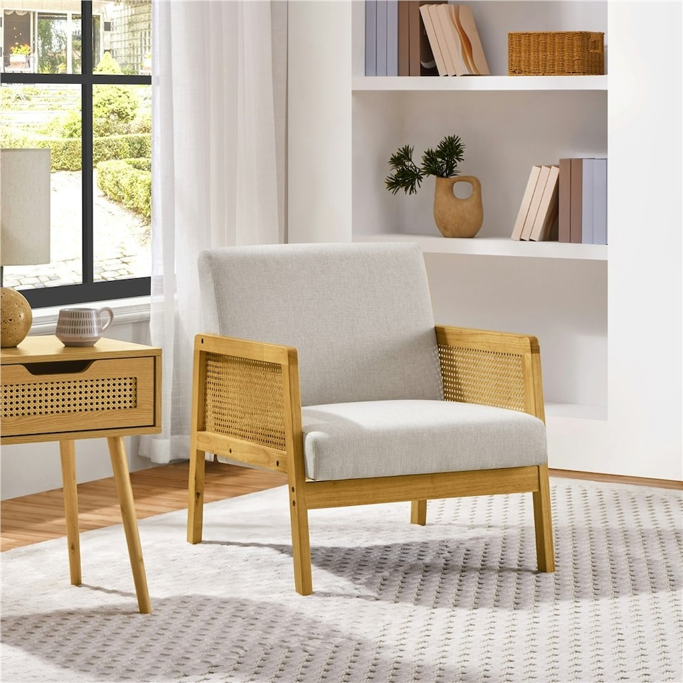 image 1 of Yaheetech Fabric Accent Chair with Rattan Sides Rubberwood Legs | White | Beige