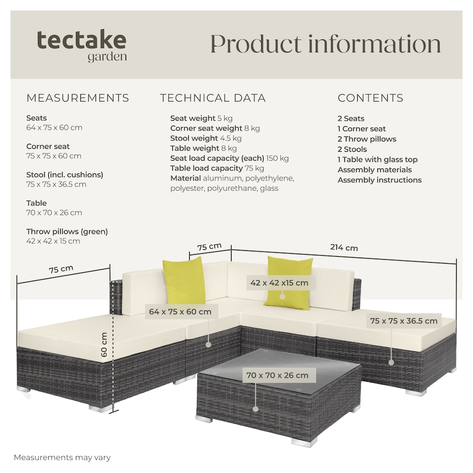 image 1 of Garden Furniture Set Paris - modular corner sofa set with coffee table, thick cushions | Grey | grey | 75 x 75 x 60 cm | 1