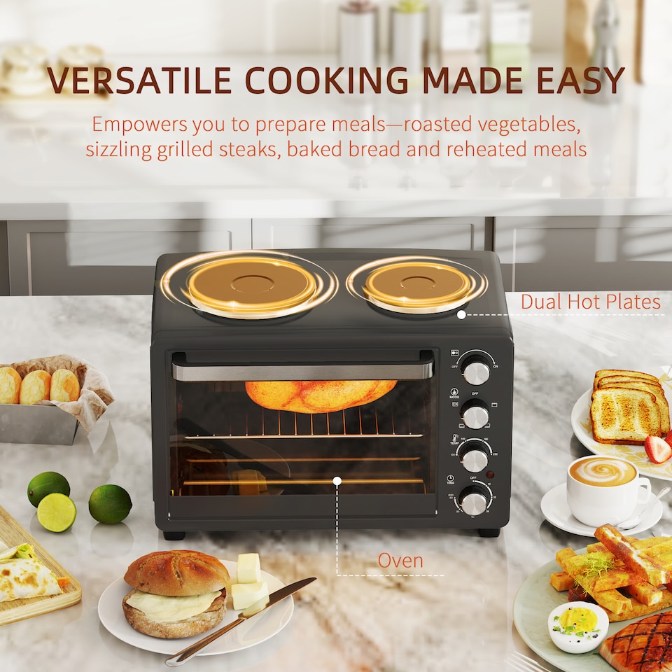 image 1 of HOMCOM 28L Countertop Toaster Oven with 2 Hot Plates, Grill, Roast, Bake