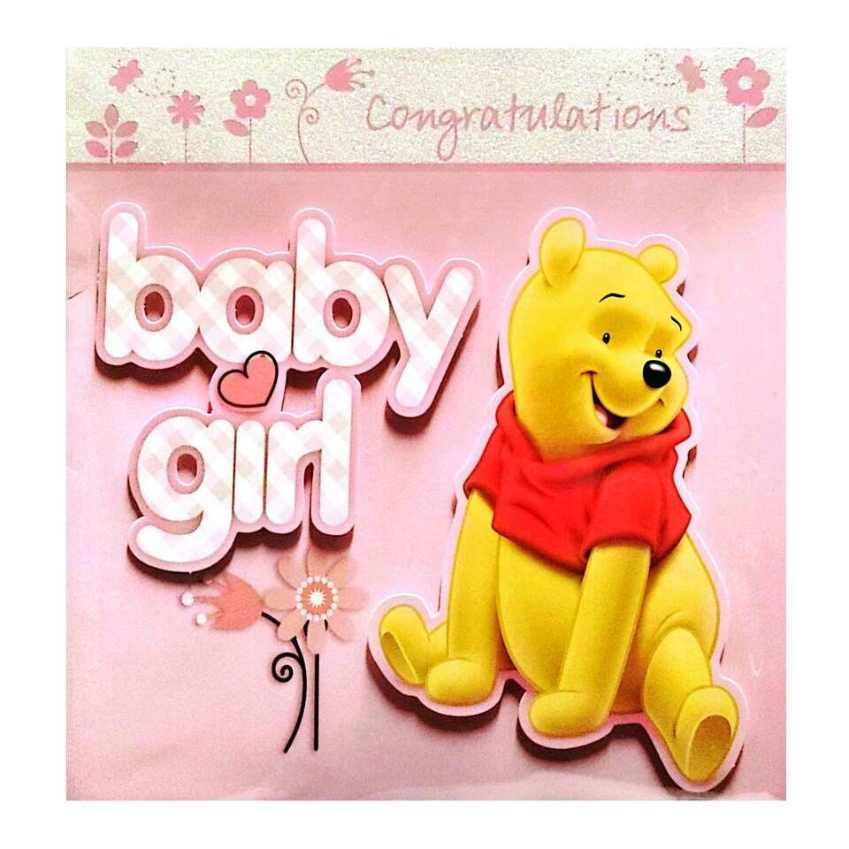 Winnie the Pooh Congratulations Baby Girl Greetings Card - Pink/Yellow/White - One Size