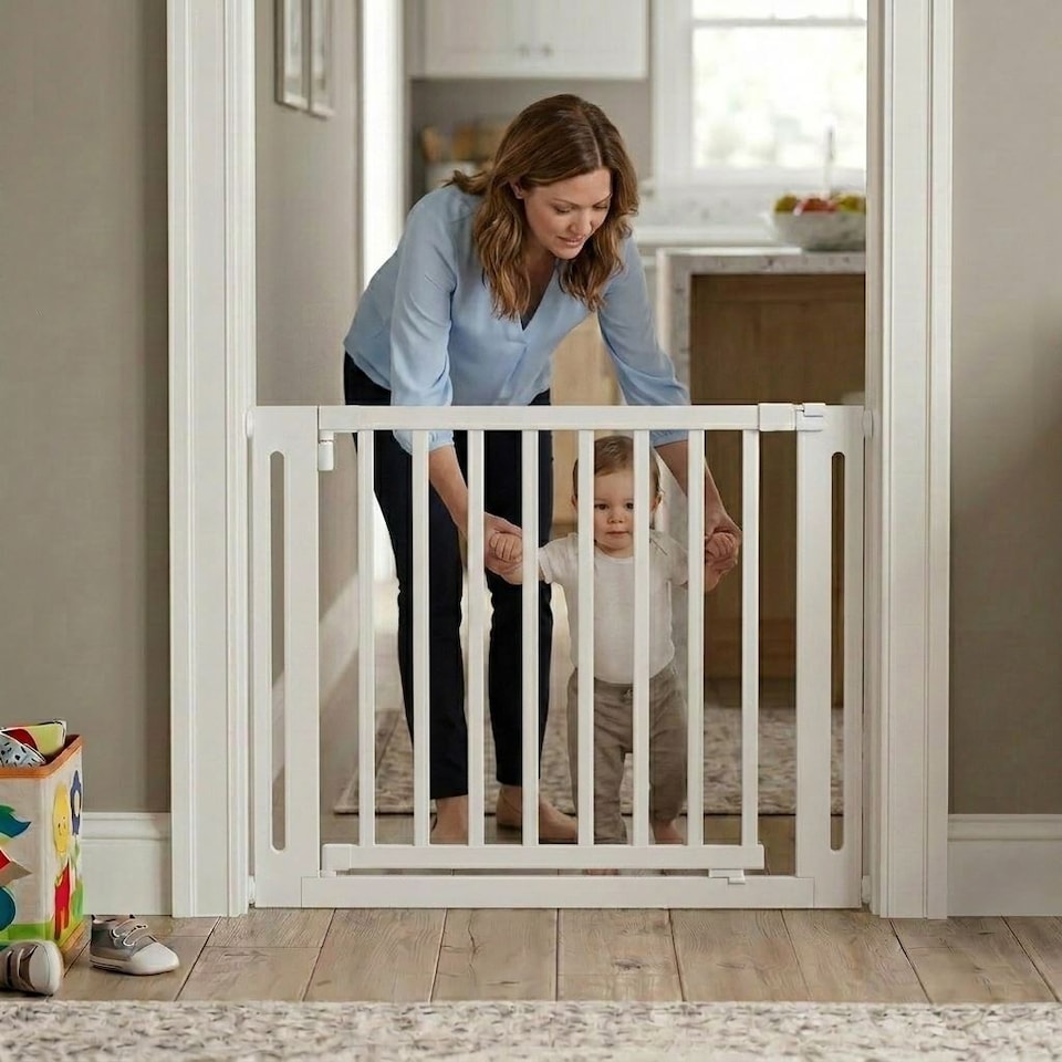 image 1 of Safetots Wooden Elegance Gate, White, 79cm - 87cm, Pressure Fit Safety Gate, 57cm Extra Wide Doorway, Easy Installation