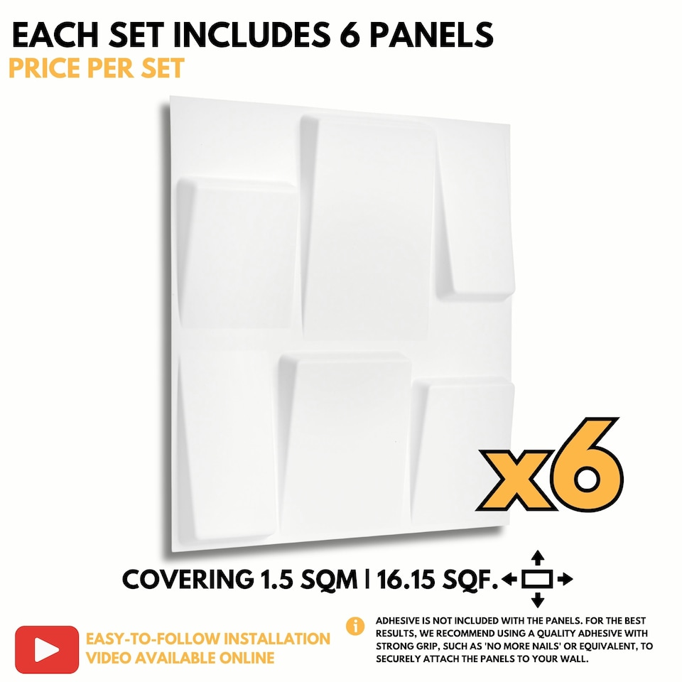 image 1 of NOVECRAFTO 3D Geometric Wall Panels – Matt White Squares Design – 6 PVC Sheets – 1.5m² (16.15sqft) – Interior Cladding Wall Tile Effect | White