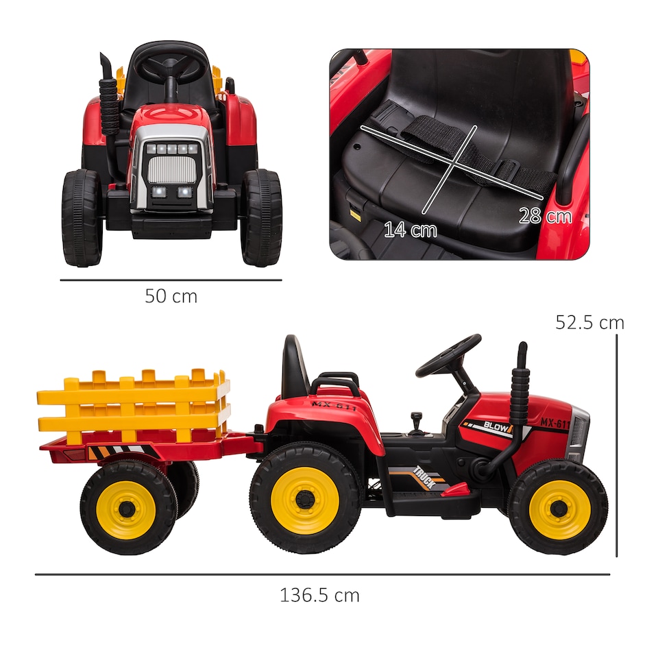 image 1 of HOMCOM Ride On Tractor with Detachable Trailer, Remote Control, Music - Red | Red | Red