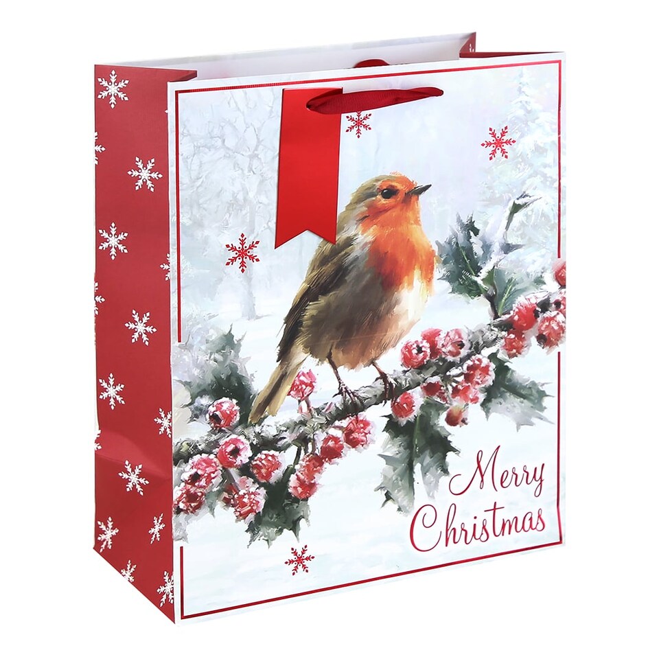 image 1 of Traditional Robin Christmas Large White Kraft Gift Bag 33cm