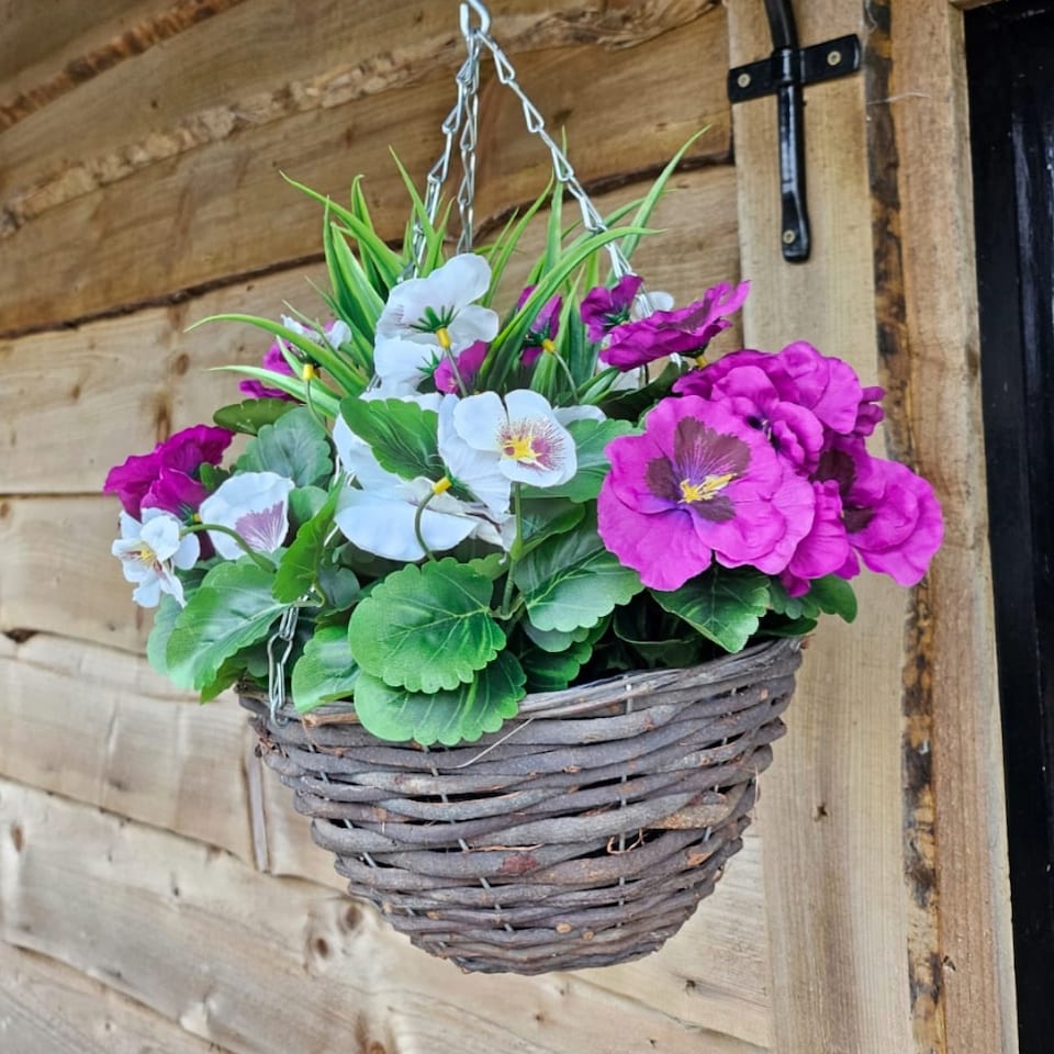 image 1 of Pair of 30cm 10 Inch Purple & White Pansy Flower with Decorative Rattan Hanging Baskets for Indoor Outdoor Garden Use | Purple | Purple & White | 1