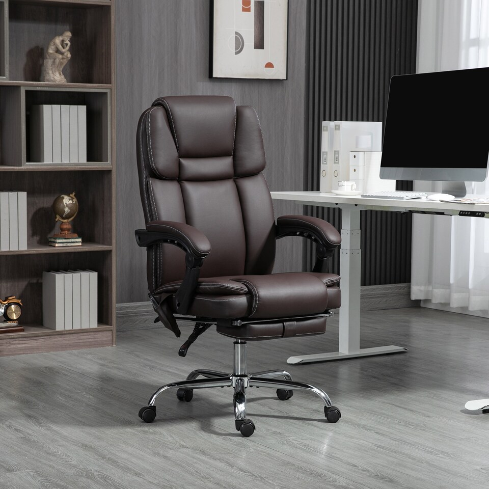 image 1 of Vinsetto Office Chair with 6-point Vibration Massage and Heat, PU Leather High Back Recliner Desk Chair with Adjustable Height, Armrest, Footrest for Home, Dark Brown