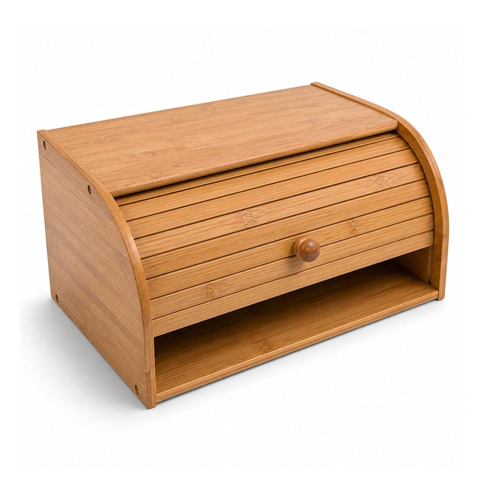 image 1 of Single Layer Roll Top Bamboo Wooden Bread Bin Kitchen Storage | Brown
