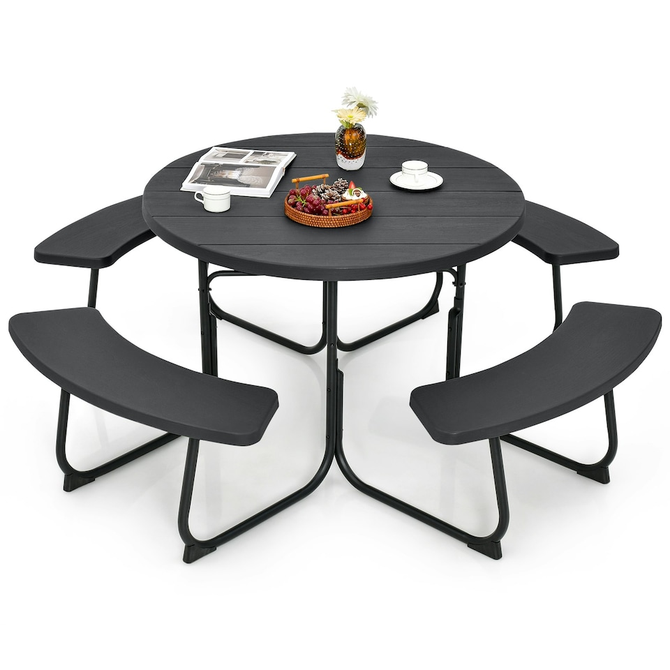 image 1 of COSTWAY 8 person Round Picnic Table Bench Set Picnic Table W/4 Benches