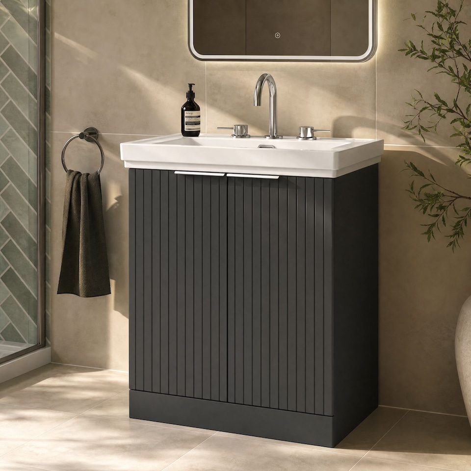 image 1 of Balterley Callingwood Contemporary Floor Standing 2 Door Vanity Unit with Traditional 3 Tap Hole Fireclay Basin , 600mm, Dark Grey